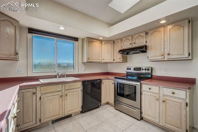 kitchen featuring light tile patterned flooring, under cabinet range hood, a sink, black dishwasher, and stainless steel range with electric stovetop