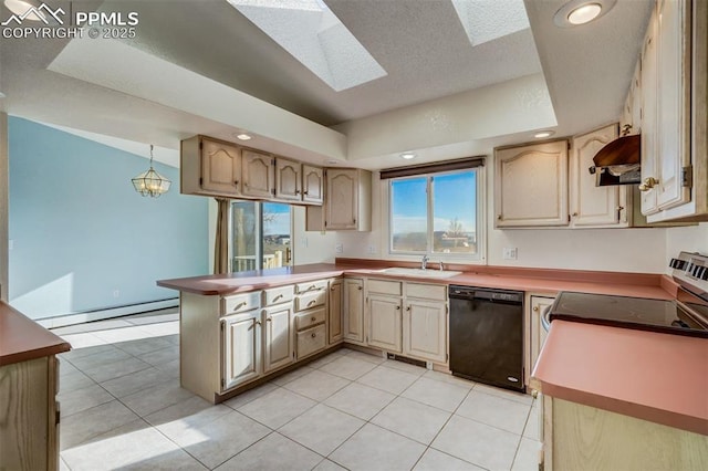 kitchen with dishwasher, a baseboard radiator, decorative light fixtures, a peninsula, and a sink