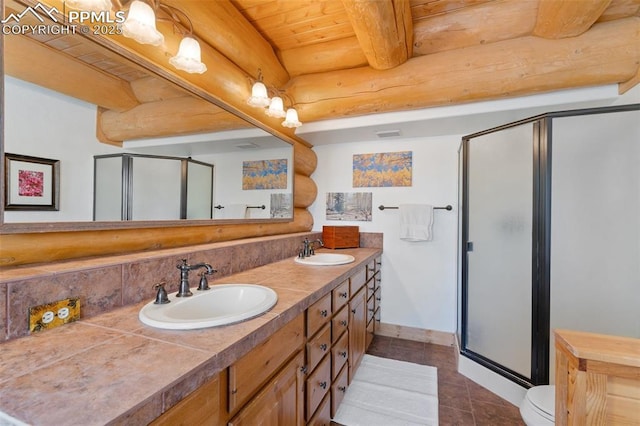 full bathroom featuring double vanity, a shower stall, log walls, and a sink
