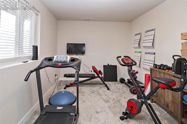 workout room featuring carpet flooring, visible vents, and baseboards