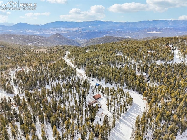 snowy aerial view featuring a mountain view