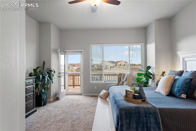 bedroom with access to outside, multiple windows, baseboards, and carpet flooring