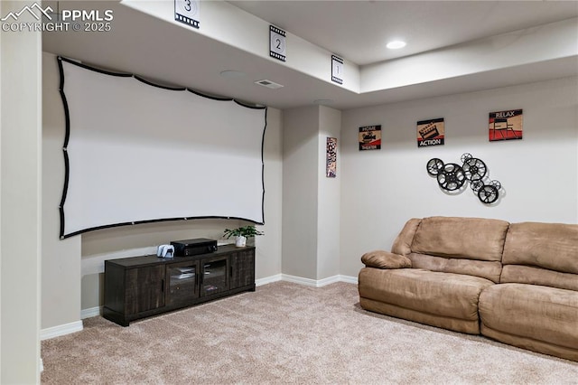 cinema with recessed lighting, light colored carpet, and baseboards