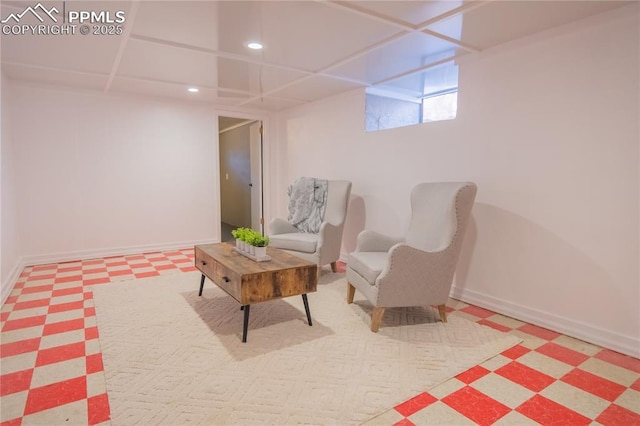 living area featuring recessed lighting, baseboards, and tile patterned floors