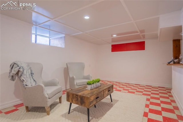 sitting room featuring baseboards, recessed lighting, and tile patterned floors