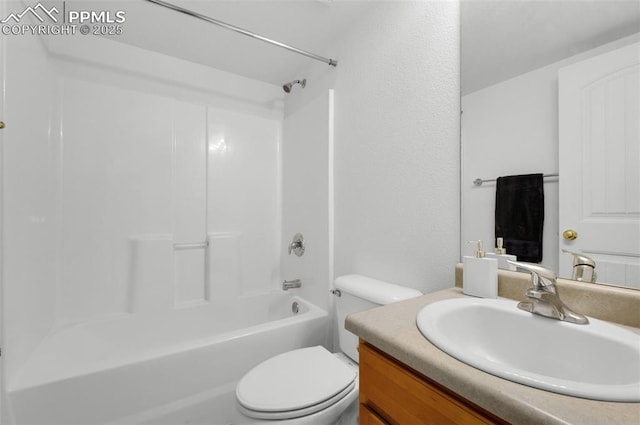 full bath featuring shower / tub combination, vanity, and toilet