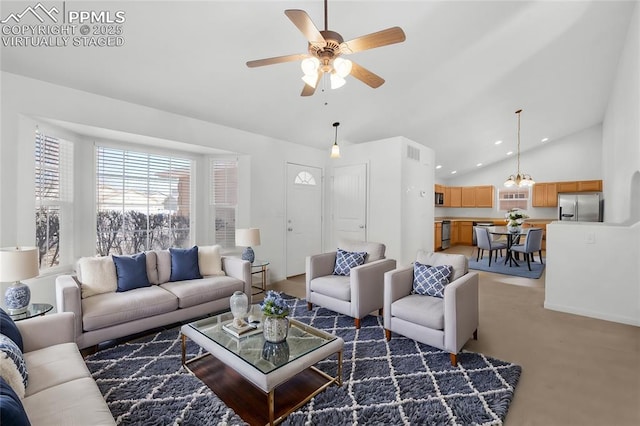 living area with visible vents, a ceiling fan, light colored carpet, lofted ceiling, and recessed lighting