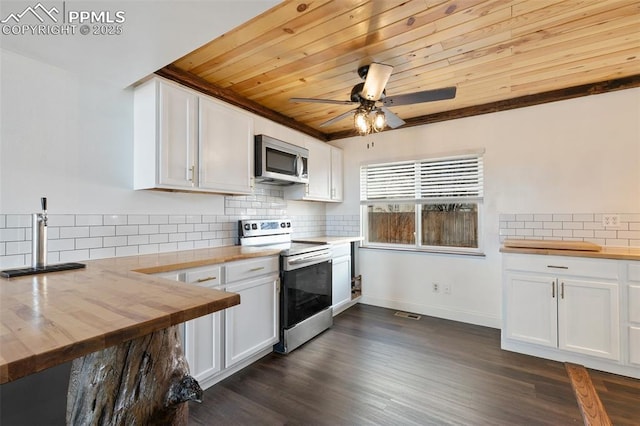 kitchen featuring butcher block counters, wooden ceiling, appliances with stainless steel finishes, and white cabinets