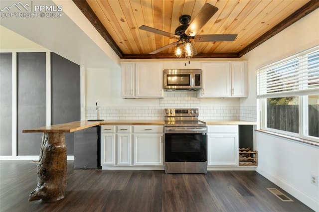 kitchen with stainless steel appliances, wooden ceiling, white cabinets, and visible vents