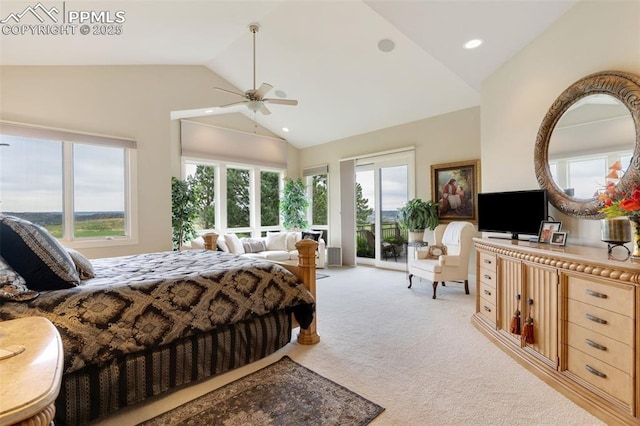 bedroom with access to outside, multiple windows, recessed lighting, and light colored carpet