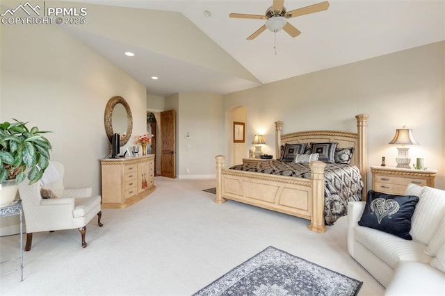 bedroom featuring arched walkways, high vaulted ceiling, recessed lighting, light carpet, and baseboards