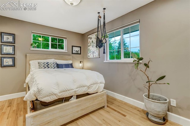 bedroom featuring multiple windows, baseboards, and wood finished floors