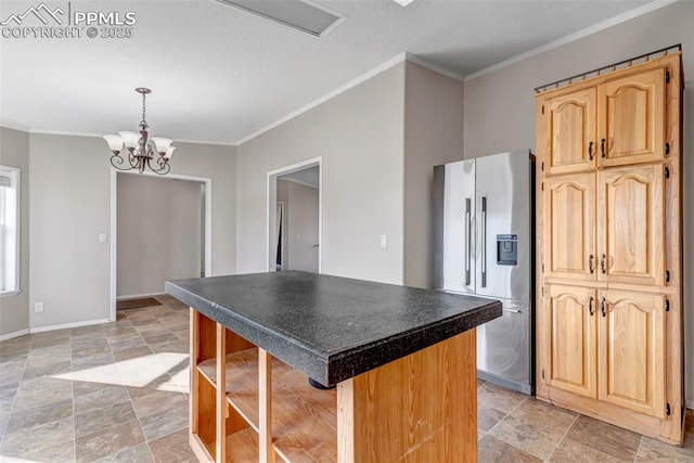 kitchen featuring stainless steel refrigerator with ice dispenser, open shelves, dark countertops, light brown cabinets, and a kitchen island