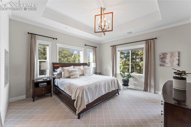 bedroom featuring ornamental molding, a raised ceiling, light carpet, and baseboards