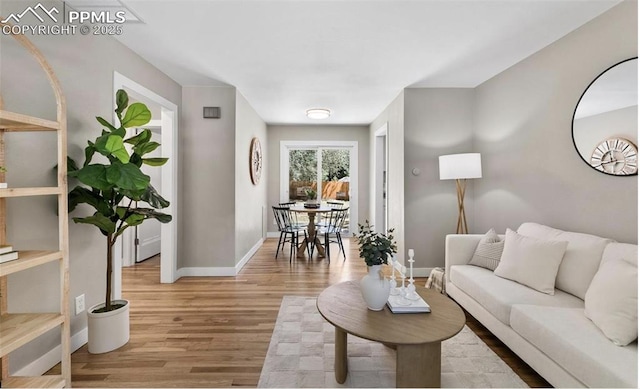 living room with baseboards and wood finished floors