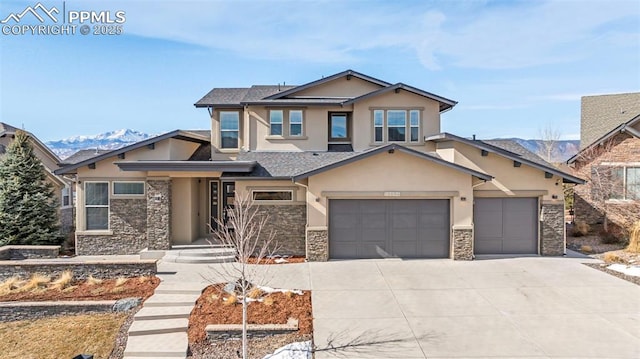 view of front of house with a garage, stone siding, concrete driveway, and stucco siding