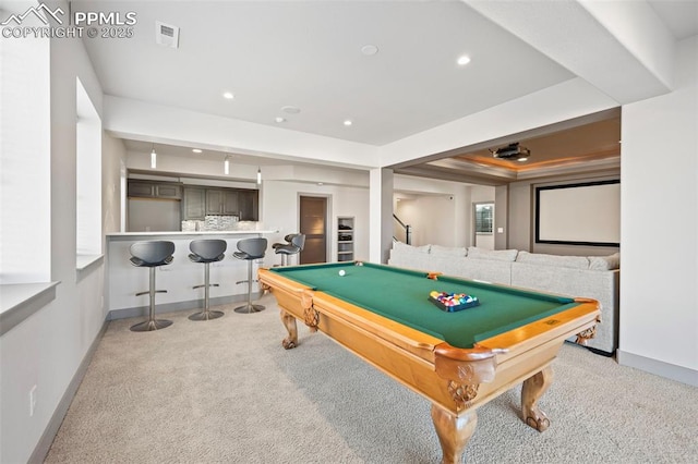 playroom featuring baseboards, pool table, visible vents, and recessed lighting