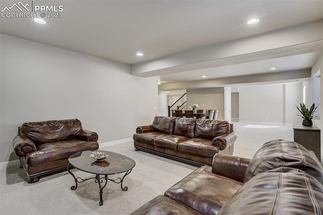 living room with carpet floors, stairs, baseboards, and recessed lighting