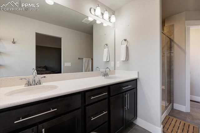 bathroom with double vanity, ensuite bath, a sink, and a shower stall