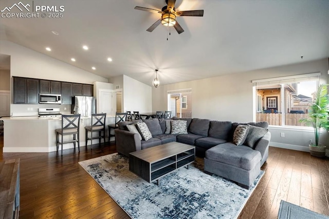 living area with baseboards, ceiling fan, dark wood-style flooring, vaulted ceiling, and recessed lighting