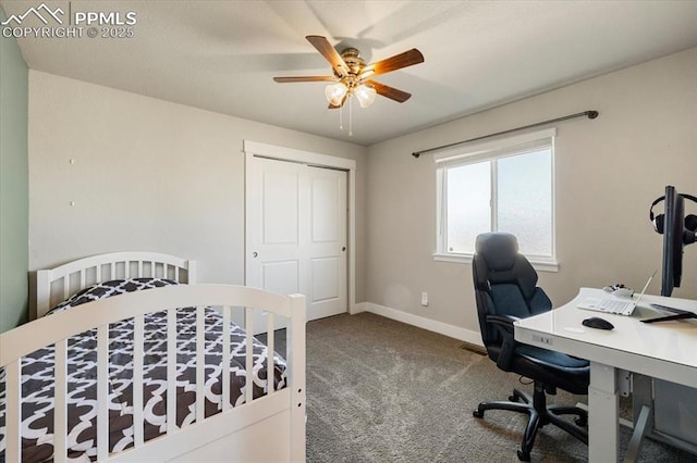 carpeted bedroom with a ceiling fan and baseboards