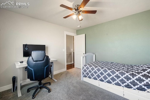 carpeted bedroom with baseboards and a ceiling fan