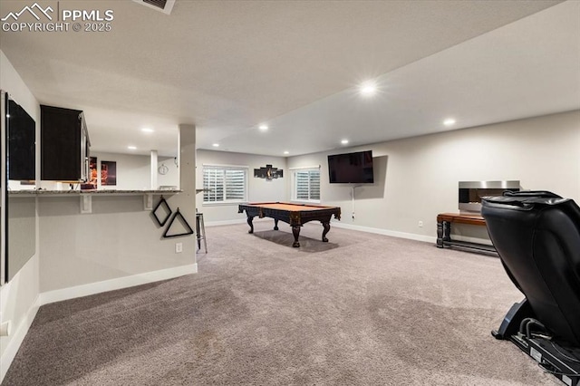 rec room featuring pool table, baseboards, carpet flooring, and recessed lighting