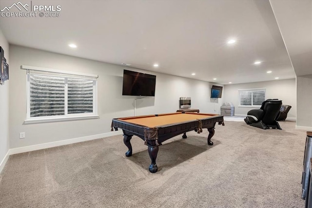 game room with baseboards, billiards, carpet flooring, and recessed lighting