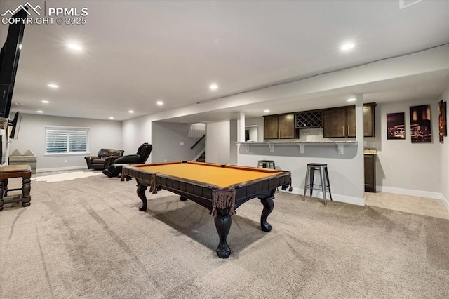 game room featuring light carpet, baseboards, and recessed lighting