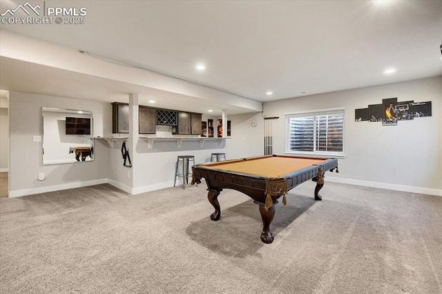 playroom featuring recessed lighting, light carpet, pool table, baseboards, and a bar