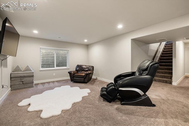 sitting room featuring baseboards, visible vents, stairway, carpet floors, and recessed lighting