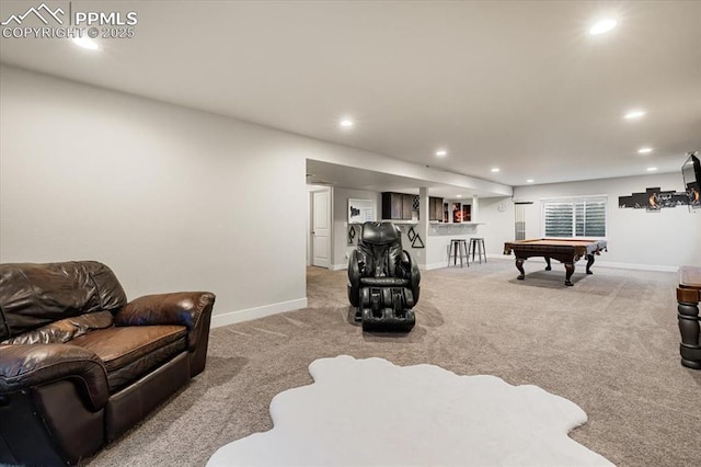 recreation room with carpet floors, billiards, baseboards, and recessed lighting