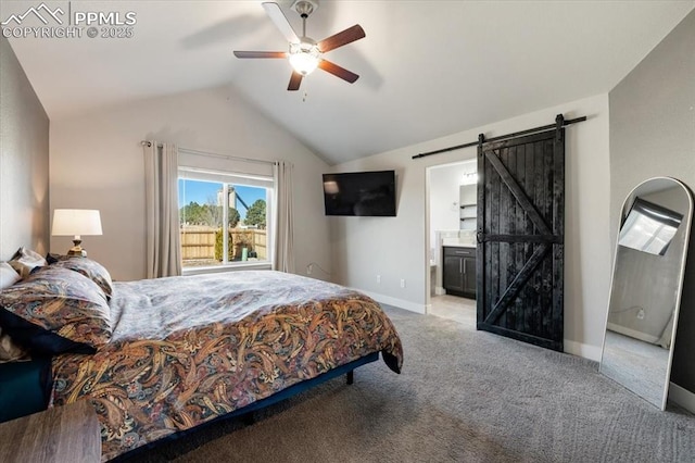 bedroom with a barn door, a ceiling fan, light carpet, vaulted ceiling, and baseboards