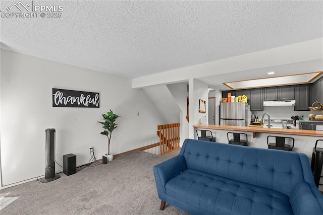 living room with light carpet, baseboards, and a textured ceiling