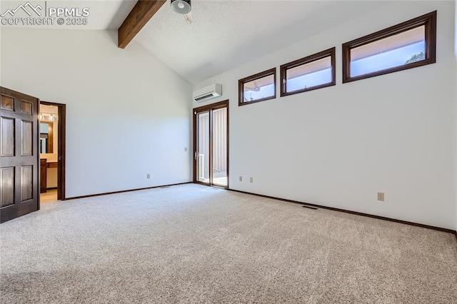 empty room featuring high vaulted ceiling, a wall unit AC, light carpet, baseboards, and beam ceiling