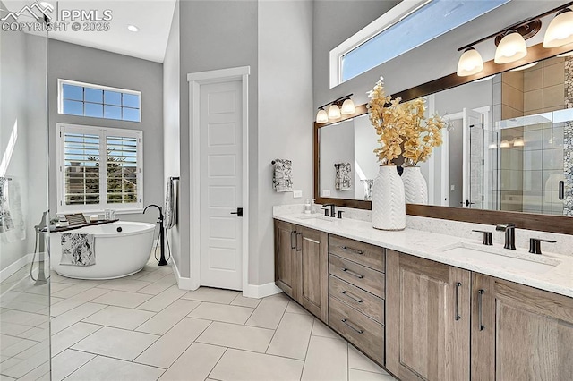 bathroom with a soaking tub, a sink, a shower stall, and double vanity