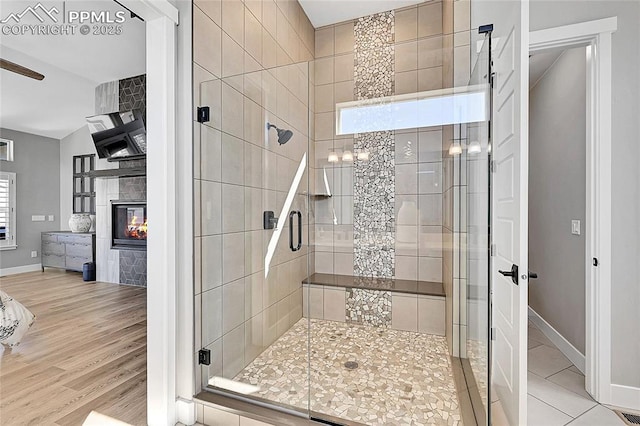 bathroom with a healthy amount of sunlight, a shower stall, a fireplace, and wood finished floors