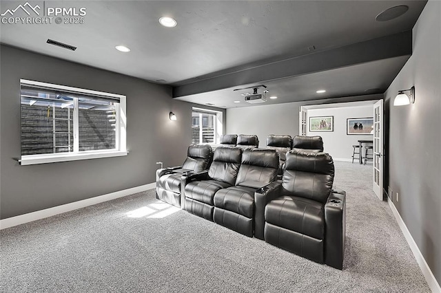 carpeted home theater featuring recessed lighting, visible vents, and baseboards