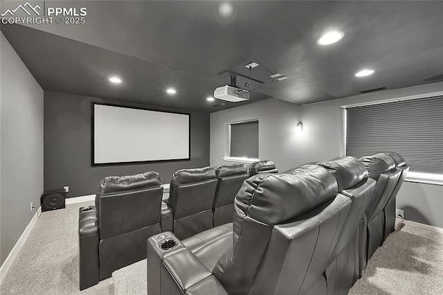 carpeted home theater with recessed lighting, visible vents, and baseboards