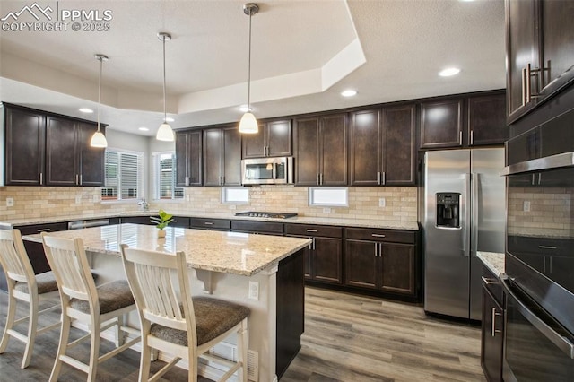 kitchen with dark brown cabinetry, stainless steel appliances, light wood-style floors, a tray ceiling, and a kitchen bar