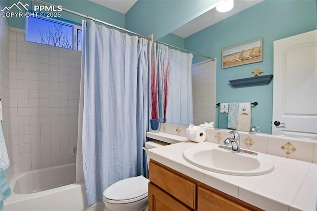 full bathroom with toilet, shower / bath combination with curtain, and vanity