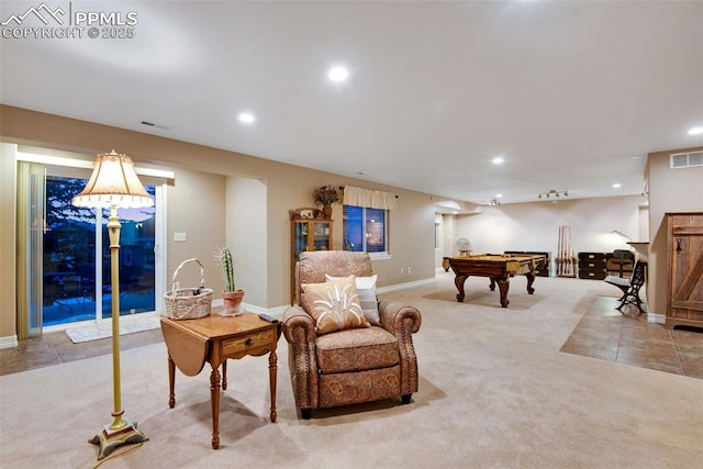 rec room featuring recessed lighting, light colored carpet, billiards, and visible vents