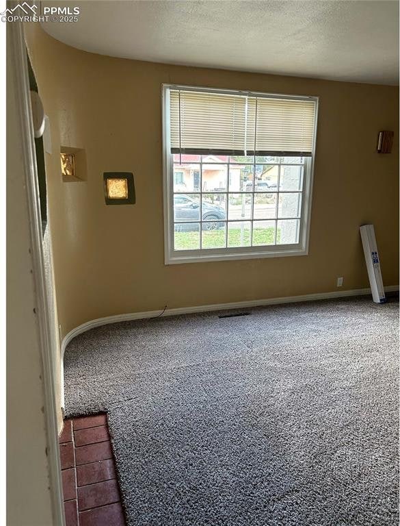 unfurnished room featuring visible vents, baseboards, carpet flooring, and a textured ceiling