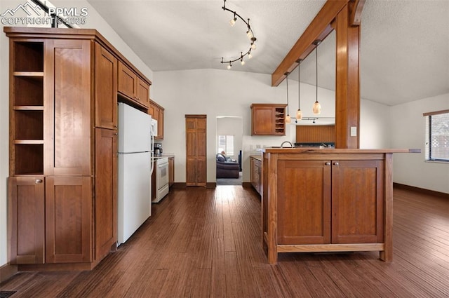 kitchen featuring brown cabinets, vaulted ceiling with beams, open shelves, white appliances, and a peninsula