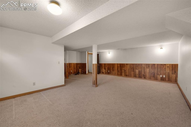 finished below grade area with carpet floors, wood walls, a textured ceiling, and wainscoting