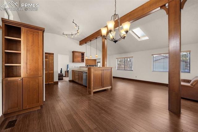 kitchen with dark wood-type flooring, baseboards, open floor plan, dishwasher, and brown cabinetry