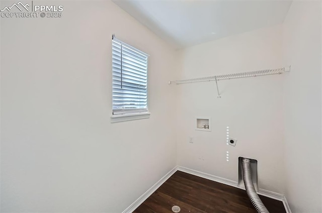 laundry area with hookup for a washing machine, laundry area, baseboards, dark wood-style floors, and electric dryer hookup