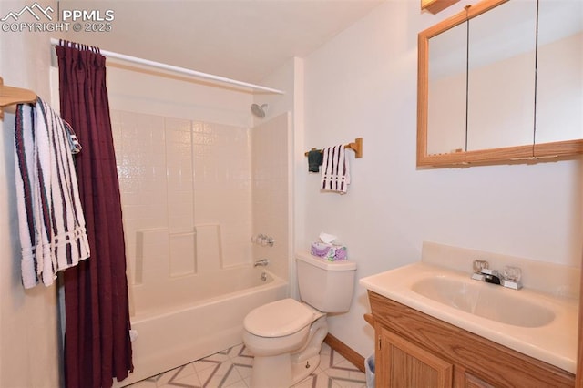 bathroom featuring shower / tub combo with curtain, vanity, toilet, and tile patterned floors