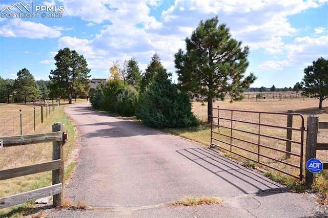 view of road featuring a gate, a rural view, driveway, and a gated entry