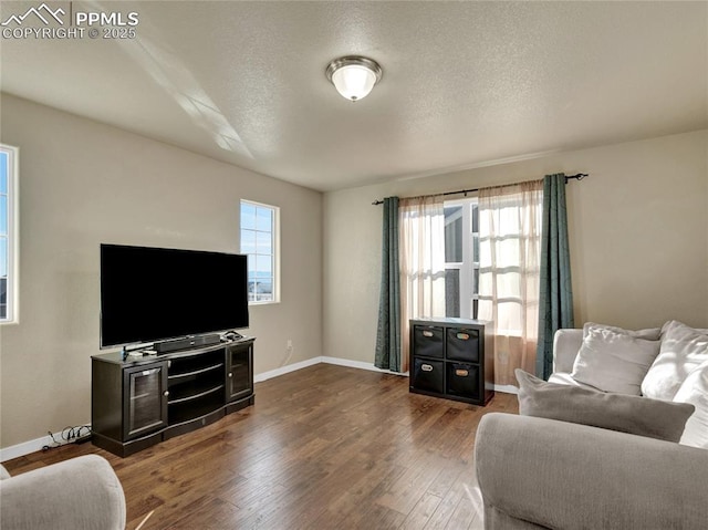 living room with dark wood-style floors, a textured ceiling, baseboards, and a healthy amount of sunlight